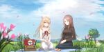  2girls absurdres bangs barefoot black_legwear black_pants blanket blonde_hair blue_sky blurry blurry_foreground blush bow breasts brown_hair brown_sweater chihuri closed_mouth cloud cloudy_sky commentary_request day depth_of_field dress eyebrows_visible_through_hair flower food granblue_fantasy hair_between_eyes hair_bow highres katalina_(granblue_fantasy) long_hair medium_breasts mountain multiple_girls no_shoes outdoors pants parted_bangs parted_lips petals picnic picnic_basket pink_flower plate ponytail red_eyes ribbed_sweater sandwich sky sleeveless sleeveless_dress smile socks sweater very_long_hair vira_(granblue_fantasy) white_bow white_dress white_flower yuri 