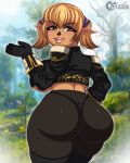  absurd_res big_breasts big_butt breasts brown_eyes brown_nose butt clothing female final_fantasy final_fantasy_xi hi_res humanoid legwear lips long_ears looking_back pantyhose pigtails shantotto short_stack side_boob smug solo square_enix tan_body tan_skin tarutaru tenjosan thick_lips thick_thighs thigh_highs thong underwear video_games 