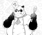  2021 anthro blush chef_hat chef_uniform clothed clothing cooking giant_panda hat headgear headwear humanoid_hands kemono male mammal one_eye_closed overweight overweight_male pomupomu490 solo tongue tongue_out ursid 