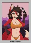  &lt;3 anthro bikini breasts brown_hair canid canine carmine_(foxovh) chest_tuft clothing dipstick_ears dipstick_tail elbow_tufts eyebrows eyelashes eyewear female fox foxovh fur gloves_(marking) hair hand_on_leg hi_res holding_eyewear holding_object holding_sunglasses inner_ear_fluff looking_at_viewer mammal markings multicolored_ears navel red_body red_fur smile smiling_at_viewer solo sunglasses swimwear tail_markings tan_body tan_fur tuft yellow_bikini yellow_clothing yellow_eyes yellow_swimwear 