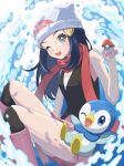 1girl ;d absurdres bare_arms beanie black_hair blush boots commentary_request dawn_(pokemon) ebiura_akane eyelashes grey_eyes hair_ornament hairclip hat highres holding holding_poke_ball long_hair one_eye_closed open_mouth over-kneehighs pink_footwear pink_skirt piplup poke_ball poke_ball_(basic) pokemon pokemon_(creature) pokemon_(game) pokemon_dppt red_scarf scarf shirt sidelocks skirt sleeveless sleeveless_shirt smile teeth thighhighs tongue upper_teeth white_headwear 
