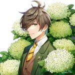  1boy blazer brown_hair collared_shirt green_eyes green_jacket hair_over_one_eye highres jacket male_focus mole mole_under_eye necktie nijisanji oliver_evans plant shirt short_hair signature solo vest virtual_youtuber yellow_necktie yuuhi_mika 