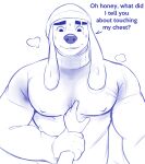 absurd_res anthro beanie big_pecs bodily_fluids canid canine canis clothed clothing digital_media_(artwork) domestic_dog duo floppy_ears fur hat headgear headwear hi_res male male/male mammal muscular muscular_anthro muscular_male nipples pecs question reaching romantic simple_background smile sweat sweater thisishomo topwear 