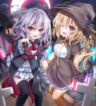  2girls :d absurdres alternate_costume ascot back_bow bat_wings black_legwear black_wings blonde_hair blurry blurry_foreground bow bowtie breasts brown_bow brown_bowtie brown_corset brown_footwear brown_headwear brown_legwear brown_skirt crescent_moon crystal eyebrows_visible_through_hair fang feet_out_of_frame finger_to_mouth flandre_scarlet frilled_skirt frilled_sleeves frills hair_between_eyes halloween hat highres holding holding_hands holding_wand laevatein_(touhou) light_purple_hair long_hair long_sleeves looking_at_viewer medium_breasts medium_hair moon multiple_girls night night_sky no_hat no_headwear one_eye_closed open_mouth outdoors pointy_ears red_ascot red_bow red_eyes red_moon remilia_scarlet s_vileblood shirt short_sleeves side_ponytail skin_fang skirt sky smile star_(sky) starry_sky thighhighs touhou wand white_shirt wings witch_hat 