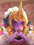  &lt;3 blonde_hair bodily_fluids cafe_cutie_soraka clothed clothed/nude clothed_female_nude_male clothing cum cum_drip cum_in_mouth cum_inside cumshot cumshot_in_mouth dripping duo ejaculation erection fellatio female female_focus first_person_view genital_fluids genitals gesture hair hand_heart hi_res horn horned_humanoid human humanoid humanoid_genitalia humanoid_penis humanoid_pointy_ears league_of_legends lipstick lipstick_on_penis long_hair maid_headdress makeup male male/female mammal nude open_mouth oral penile penis pink_body pink_skin pubes purple_eyes riot_games sex soraka video_games yellow_!_cat 