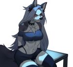  2021 anthro bottomwear canid canine canis clothed clothing collar collarbone crop_top crow449 digital_media_(artwork) ear_piercing ears_up eyebrows eyeshadow female fox fur furniture grey_body grey_fur hair half-closed_eyes helluva_boss legwear light lighting long_ears long_hair loona_(helluva_boss) makeup mammal midriff narrowed_eyes navel piercing pose raised_clothing raised_topwear red_eyes shirt shorts simple_background solo stockings table thick_thighs thong thorns topwear underwear white_background wide_hips wolf 