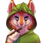  alpha_channel anthro blue_eyes claws cloak clothed clothing drugs female finger_claws fur green_cloak hi_res hoodwink_(dota) lichat mammal marijuana offering_to_viewer orange_body orange_fur pawpads pink_pawpads rodent sciurid simple_background solo transparent_background white_body white_fur 