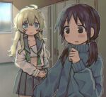  2girls black_eyes black_hair blonde_hair blue_eyes blue_track_suit blush bra changing_clothes changing_room chito_(shoujo_shuumatsu_ryokou) collarbone eyebrows_visible_through_hair indoors jacket locker long_hair long_sleeves looking_at_another looking_away low_twintails multiple_girls navel open_mouth rnfhv shoujo_shuumatsu_ryokou smile track_jacket track_suit twintails underwear undressing white_bra window yuuri_(shoujo_shuumatsu_ryokou) zipper zipper_pull_tab 