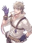  1boy bangs blonde_hair blue_eyes collared_shirt facial_hair glasses gloves granblue_fantasy harness highres isaac_(granblue_fantasy) long_hair looking_at_viewer male_focus mature_male popped_collar shirt short_hair smile solo tokihiko2 waving white_shirt 