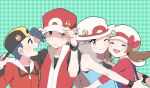  2boys 2girls :d backwards_hat baseball_cap black_wristband blue_shirt bow brown_eyes brown_hair bucket_hat cabbie_hat closed_eyes closed_mouth commentary_request ethan_(pokemon) eyelashes hair_flaps hands_on_headwear hat hat_bow highres jacket leaf_(pokemon) long_hair long_sleeves lyra_(pokemon) multiple_boys multiple_girls one_eye_closed open_mouth pokemon pokemon_(game) pokemon_frlg pokemon_hgss pumpkinpan red_(pokemon) red_bow red_headwear red_jacket red_shirt shirt short_hair sleeveless sleeveless_shirt smile spiked_hair tongue twintails white_headwear wristband 