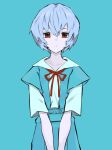  1girl ayanami_rei bangs blue_background blue_hair blue_theme closed_mouth collarbone commentary daydremec duplicate hair_between_eyes highres light_blue_hair neck_ribbon neon_genesis_evangelion pixel-perfect_duplicate red_eyes red_ribbon ribbon short_hair simple_background solo 