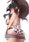  1girl :o ahoge animal_ears animal_print ass back baseball_cap bikini blue_eyes breasts brown_hair clothes_pull collar cow_ears cow_hat cow_horns cow_print cow_tail fake_animal_ears fake_horns fake_tail hair_through_headwear hat high_ponytail highres hilda_(pokemon) horns kuronyan large_breasts long_hair looking_at_viewer looking_back open_mouth pants pants_pull pokemon pokemon_(game) pokemon_bw ponytail pulled_by_self shorts sideboob sidelocks simple_background solo swimsuit tail white_background 