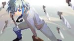  1boy aqua_hair bangs black_necktie blue_eyes blue_hair blurry bob_cut briefcase collared_shirt depth_of_field fighting_stance floating floating_object floating_weapon from_above highres holding holding_briefcase holding_sword holding_weapon khun_aguero_agnis legs_apart long_sleeves looking_at_viewer male_focus multicolored_hair necktie oystermiao pants precure shirt shoes short_sword silver_hair smile smile_precure! solo squatting standing streaked_hair sword tower_of_god weapon white_pants white_shirt 