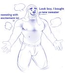  absurd_res anthro beanie big_pecs bodily_fluids bulge canid canine canis clothed clothing digital_media_(artwork) domestic_dog floppy_ears fur hat headgear headwear hi_res male mammal muscular muscular_anthro muscular_male nipples pecs question simple_background smile solo sweat sweater thisishomo topwear 