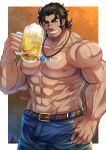  1boy absurdres bara beer_mug belt blue_pants cross_scar cup denim facial_hair feet_out_of_frame goatee grin highres holding holding_cup jeans jewelry kageru_(mofnyan) large_pectorals leather_belt long_sideburns male_focus mug muscular muscular_male necklace original pants pectoral_cleavage pectorals scar scar_on_arm scar_on_cheek scar_on_face scar_on_nose sideburns smile smirk solo standing thick_eyebrows topless topless_male veins 
