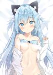  1girl :o animal_ear_fluff animal_ears bangs bare_shoulders bed_sheet black_bra blue_eyes blue_hair blue_nails blue_panties blush bow bow_bra bra bra_lift breasts cat_ears cat_hair_ornament censored collarbone commentary_request eyebrows_visible_through_hair hair_between_eyes hair_ornament hand_up highres lifted_by_self long_hair long_sleeves looking_at_viewer lying nail_polish navel off_shoulder on_back open_clothes open_shirt original panties parted_lips polka_dot polka_dot_bra saeki_sora shirt sleeves_past_wrists small_breasts solo two_side_up underwear upper_body very_long_hair white_shirt 