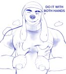  absurd_res anthro beanie big_pecs bodily_fluids canid canine canis clothed clothing digital_media_(artwork) domestic_dog duo floppy_ears fur hat headgear headwear hi_res male male/male mammal muscular muscular_anthro muscular_male pec_grasp pecs reaching simple_background smile sweat sweater thisishomo topwear 