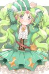  1girl anko_maccha arms_up ascot closed_mouth colored_eyelashes cowboy_shot curly_hair dress falulu frilled_dress frills green_background green_hair green_shirt green_skirt green_theme grey_eyes headphones idol long_hair looking_at_viewer pretty_(series) pripara shirt sidelocks signature skirt smile solo sparkle 