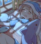  1girl bed blue_headwear blush brown_hair closed_eyes clownfish commission drooling fish highres indoors lying on_back on_bed original pillow rnfhv short_hair short_sleeves skeb_commission sleeping solo stuffed_animal stuffed_shark stuffed_toy window 