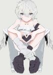  1girl angel angel_wings arm_tattoo black_footwear blush closed_mouth collarbone daydremec dress grey_background grey_eyes grey_hair halo hand_tattoo heart heart_hands holding light_blush original short_hair simple_background socks solo tattoo white_dress wing_tattoo wings 