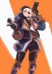  1girl absurdres apex_legends b3_wingman black_eyepatch black_headwear black_pants blue_jacket blush brown_eyes brown_gloves deep_current_wattson eyepatch gloves gun half-closed_eye handgun highres holding holding_gun holding_weapon jacket official_alternate_costume one_eye_covered pants parted_lips pointing revolver ryosharke smile solo wattson_(apex_legends) weapon white_hair 