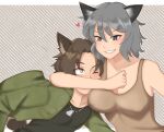  100_percent_orange_juice 1boy 1girl animal_ears blush breasts brown_hair cat_ears cat_girl character_request cleavage collarbone dog_boy dog_ears dog_tags eyebrows_visible_through_hair grey_eyes grey_hair grin heart highres large_breasts looking_at_another one_eye_closed parted_lips qp_shooting short_hair smile takoyan_(takoyaart) tank_top teeth yuki_(qp_shooting) 