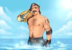  1boy apex_legends bara belt brown_hair chest_hair closed_eyes facial_hair fingerless_gloves fuse_(apex_legends) galehowl gloves jewelry male_focus mature_male mechanical_arms multicolored_hair mustache necklace ocean one_eye_covered shoulder_tattoo single_mechanical_arm solo tattoo white_hair 