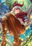  1girl ammunition_belt bangs braid brown_footwear brown_legwear christmas christmas_tree closed_mouth commentary_request dress fate/grand_order fate_(series) floating florence_nightingale_(fate) florence_nightingale_(santa)_(fate) from_below full_moon gloves gun hat highres holding holding_gun holding_weapon legs light_frown light_particles long_hair long_sleeves looking_at_viewer moon night outdoors pantyhose parasol petticoat pink_hair red_dress red_eyes red_headwear sakumichi santa_dress santa_hat shoes solo sparkle thighband_pantyhose umbrella weapon white_gloves 