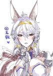  1girl absurdres armor bluh blush braid gauntlets granblue_fantasy hairband hand_on_own_face highres looking_at_viewer pauldrons shoulder_armor silver_hair sketch solo translation_request yellow_eyes 