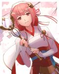  1girl a_(user_vtsy8742) bangs blue_bow bow capelet detached_sleeves fire_emblem fire_emblem_fates hair_ornament headband highres holding holding_staff japanese_clothes kimono looking_at_viewer pink_eyes pink_hair ribbon sakura_(fire_emblem) short_hair sleeveless sleeveless_kimono smile solo staff white_headband white_sleeves 
