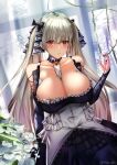  1girl absurdres arm_behind_back artist_name azur_lane bangs black_dress blonde_hair blush breasts cleavage closed_mouth collarbone dress eyebrows_visible_through_hair floral_background flower formidable_(azur_lane) hair_between_eyes hair_ribbon hand_up highres jewelry large_breasts long_hair long_sleeves looking_at_viewer misa_pika red_eyes ribbon ring sitting solo twintails window 