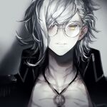  1boy coat collar edmond_dantes_(fate) fate/grand_order fate_(series) hair_over_one_eye high_collar highres jewelry koshika_rina long_hair looking_at_viewer male_focus necklace open_clothes open_coat open_mouth pendant silver_hair smile solo wavy_hair white_hair yellow_eyes 