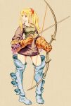  1girl archer_(fft) blonde_hair boots bow_(weapon) closed_mouth dress final_fantasy final_fantasy_tactics full_body gloves highres long_hair parody ponytail shinichi_kobe simple_background solo style_parody thigh_boots thighhighs weapon yoshida_akihiko_(style) 