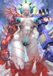  1girl :d abs absurdres bangs blue_tongue body_markings breasts breasts_apart claws clenched_hand collarbone colored_tongue commentary_request curled_horns demon_girl fusion giant giantess groin half-closed_eyes highres horns large_breasts liquid long_hair looking_at_viewer mechanical_arms monster_girl navel nude open_mouth original outdoors pale_skin reward_available sharp_teeth sidelocks single_mechanical_arm skull smile solo standing stomach sumosamo teeth tongue tongue_out upper_teeth white_eyes white_hair 