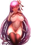 1girl bb_(fate) black_legwear breast_grab breasts cunnilingus_gesture fate/grand_order fate_(series) finger_to_mouth grabbing highres john_zhang large_breasts leotard looking_at_viewer naughty_face purple_eyes purple_hair ribbon sitting solo thick_thighs thighhighs thighs tongue tongue_out white_leotard 