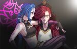  2girls arcane:_league_of_legends bangs bare_shoulders black_shirt blue_eyes blue_hair braid breasts brown_gloves brown_pants character_name closed_mouth cloud_tattoo collarbone detached_sleeves drawing fingerless_gloves gloves hair_over_one_eye highres jacket jinx_(league_of_legends) league_of_legends long_hair looking_at_viewer multiple_girls open_clothes open_jacket pants pink_nails red_hair red_jacket red_lips shirt short_hair sleeveless small_breasts stomach striped striped_pants striped_sleeves twin_braids two-tone_shirt vi_(league_of_legends) white_shirt ypa_(mzyk5255) 