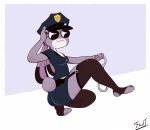  anthro clothing cuff_(restraint) disney eyewear fantharubi female fishnet fishnet_legwear garter_straps handcuffs hi_res judy_hopps lagomorph legwear leporid mammal metal_cuffs police_uniform rabbit restraints solo stirrup_stockings sunglasses uniform zootopia 