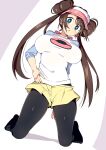  1girl alternate_breast_size black_legwear blue_eyes blush bow breasts brown_hair double_bun hand_on_hip highres kneeling large_breasts legwear_under_shorts long_hair looking_at_viewer pantyhose pink_bow pokemon pokemon_(game) pokemon_bw2 raglan_sleeves rosa_(pokemon) short_shorts shorts solo tottotonero twintails very_long_hair visor_cap yellow_shorts 