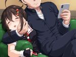  1boy 1girl =_= admiral_(kancolle) ahoge black_gloves black_hair black_serafuku blush braid brown_hair buttons cellphone closed_mouth collared_shirt couch dated dd_(ijigendd) drooling eyebrows_visible_through_hair fingerless_gloves gloves hair_between_eyes hair_flaps highres holding holding_phone kantai_collection long_hair long_sleeves military military_uniform naval_uniform neckerchief open_mouth phone red_neckerchief remodel_(kantai_collection) school_uniform serafuku shigure_(kancolle) shirt short_sleeves single_braid sitting sleeping smartphone twitter_username uniform white_shirt 