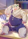  2021 absurd_res anthro band-aid bandage bed blush cai_yuwang clothing detailed_background furniture hi_res humanoid_hands inside kemono male mammal one_eye_closed overalls overweight overweight_male pillow polar_bear sitting solo ursid ursine white_body wink young 
