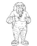  2020 anthro balls bone bottomless chimera_ant claws clothed clothing ear_piercing ear_ring erection facial_hair flip_flops footwear fur gabshiba genitals hair hunter_x_hunter leol_(hunter_x_hunter) line_art male mane mane_hair monochrome navel pendant penis piercing pubes sandals skull standing striped_body striped_fur stripes topwear whiskers wristband 