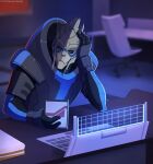  alien armor blue_eyes bodypaint desk face_paint furniture garrus_vakarian head_on_hand holographic_screen kasia88 keyboard leaning leaning_forward male mass_effect paper sitting solo swivel_chair turian video_games 
