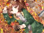  1girl arm_up autumn_leaves blush book breasts brown_eyes brown_hair brown_skirt chain commentary_request day green_jacket grey_shirt holding holding_leaf jacket leaf long_sleeves looking_at_viewer lying maple_leaf medium_breasts misaki_(misaki86) on_side open_clothes open_jacket original outdoors parted_lips plaid pleated_skirt shirt skirt sleeves_past_wrists solo two_side_up 