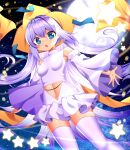 1girl :o bangs bare_shoulders blue_eyes blush breasts clothing_cutout commentary_request detached_sleeves eyebrows_visible_through_hair floating_hair hat highres jirachi kimautomne long_hair looking_at_viewer navel navel_cutout open_mouth personification pokemon purple_hair ribbon shiny shiny_hair shiny_skin space spread_fingers star_(symbol) thighhighs yellow_headwear 