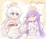  2girls bangs blue_eyes cake closed_eyes closed_mouth cloud crown diaoxian_kuangmo eating food food_on_face fork hair_between_eyes happy_birthday holding holding_fork holding_plate honkai_(series) honkai_impact_3rd kiana_kaslana long_hair multiple_girls plate purple_hair shirt short_sleeves sirin white_hair white_shirt 