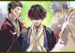  3boys absurdres bangs banjou_kazuichi black_eyes black_hair brown_background brown_hair closed_mouth commentary_request facial_hair goatee gradient gradient_background heterochromia highres japanese_clothes kaneki_ken kimono kyuuba_melo letterboxed long_sleeves multicolored_background multiple_boys official_style own_hands_together parted_lips red_eyes shiny shiny_skin short_hair smile teeth tokyo_ghoul tsukiyama_shuu 