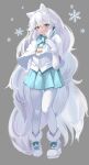  1girl animal_ears arctic_fox_(kemono_friends) blue_skirt blush brown_eyes buchibussei eyebrows_visible_through_hair fox_ears fox_girl fox_tail full_body gloves grey_background highres kemono_friends long_hair long_sleeves looking_at_viewer pantyhose parted_lips pleated_skirt shoes simple_background skirt snowflakes solo tail white_footwear white_gloves white_hair white_legwear 