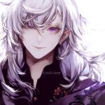  1boy bangs closed_mouth collar earrings fate/grand_order fate_(series) hair_between_eyes highres jewelry koshika_rina long_hair looking_at_viewer male_focus merlin_(fate) pointy_ears purple_eyes smile solo very_long_hair white_hair 