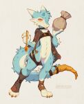  &diams; anthro bag cape choker claws clothing fluffy foot_wraps fur furred_kobold hi_res horn jewelry kobold male markings nails navel necklace prosthetic prosthetic_limb prosthetic_tail simple_background solo straps suit_symbol thief tongue tongue_out waspsalad wide_hips wraps 