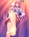  1girl absurdres asisuki bangs barefoot bdsm blush breasts cleavage dress feet femdom flare_earlgrande_gioral foot_focus footjob from_below green_eyes grin hair_between_eyes hair_ornament hand_on_own_chest highres indoors kaifuku_jutsushi_no_yarinaoshi_~sokushi_mahou_to_skill_copy_no_chouetsu_heal~ large_breasts legs long_hair long_sleeves looking_at_viewer open_mouth pink_hair sadism short_dress smile smirk solo_focus stepped_on teeth thick_thighs thighs toes trample white_dress 